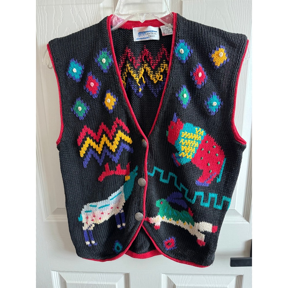 Central Falls Sweater Vest Womens‎ L Black Southwestern Vintage 90s Grandmacore
